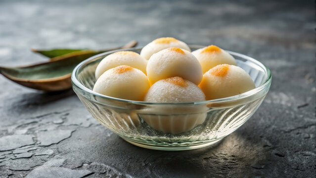 Steamed puto dessert arranged in clear glass dish on dark textured surface. Traditional puto cakes feature soft texture and sweet topping, perfect for any occasion.