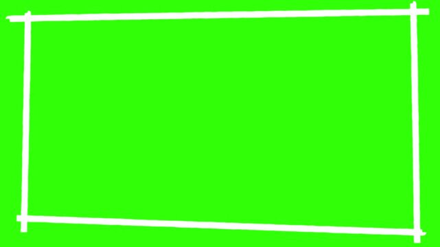 narrow border free hand drawn rectangular white box frame animation with shaking jitter effect, empty plain box margin isolated design shape element on a green screen chroma key background 4K animated