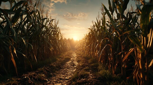 Cornfield rows at golden hour with sun shining through tall maize stalks along a narrow dirt path in a rural agricultural landscape during a peaceful and serene summer evening sunset