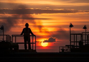 Fototapeta premium Silhouette of Oil Rig Worker at Golden Sunset, Industrial Worker on Offshore Platform or Refinery with Dramatic Sky