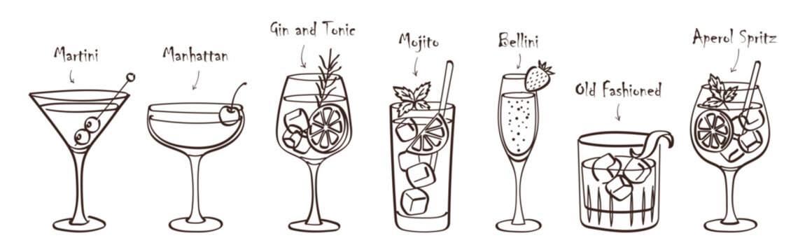 Elegant classic cocktails set - hand drawn line art vector illustrations isolated on white background