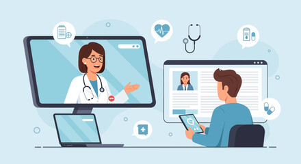 Obraz premium Telemedicine Consultation: Doctor and Patient Connect Online via Video Call