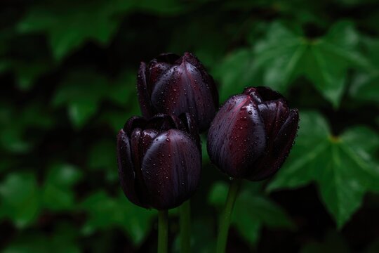 Elegant black tulips emerge from lush green foliage, evoking mys