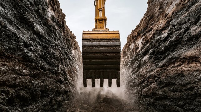 Yellow construction excavator digging deep trench in soil with metal bucket for underground pipe or cable installation work in excavation site