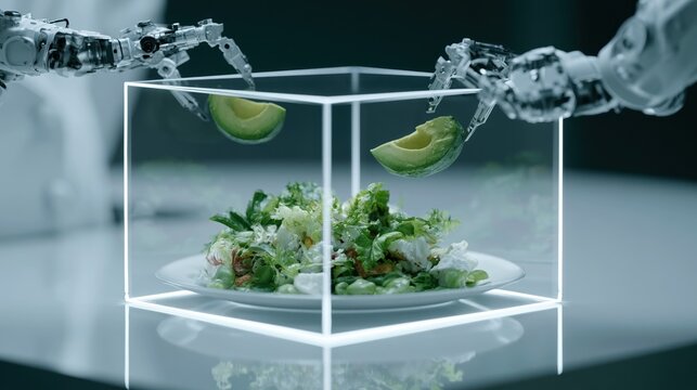 Robots prepare salad with avocado in a transparent box during a demonstration of kitchen technology