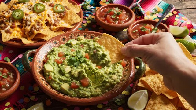 Hand dipping tortilla chip into fresh guacamole at a festive Cinco de Mayo party