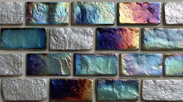 Iridescent and silver textured wall tiles arranged in a brick pattern with reflective surfaces and metallic finishes for modern interior design and luxury architectural accents