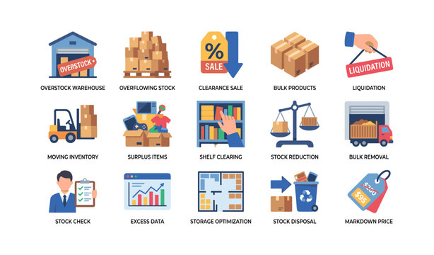 Overstock and inventory icons showing surplus stock and clearance