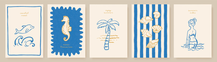 Set of summer card templates in minimal hand-drawn sketch style with grainy texture. Collection featuring dolphin, seahorse, shell, tropical palm and woman in sea water. Suitable for seasonal design © Liliya