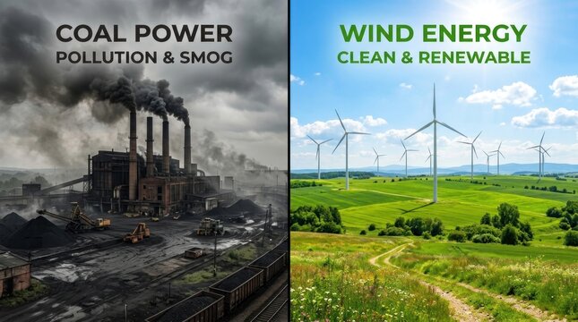 The image presents a side-by-side comparison of coal power and wind energy.