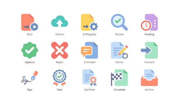 Document workflow status icons arranged in a grid layout