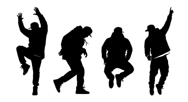 Vector illustration of hip hop dancer silhouettes set, breakdancer and urban street dancers isolated on white background