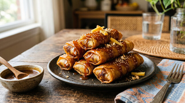 Filipino turon banana spring rolls