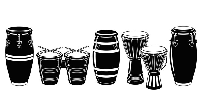 Vector illustration of percussion musical instruments set, conga, djembe and bongo drums silhouettes isolated on white background