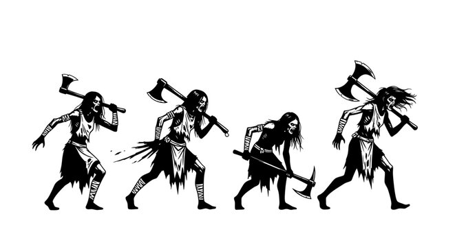 Vector illustration of female zombie warrior silhouettes, undead viking or barbarian women with axes isolated on white background