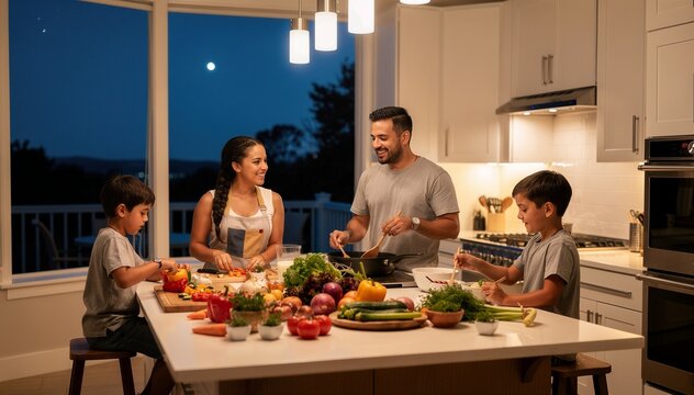 Latino father, mother, and their two young sons standing around a bright kitchen island late in the evening, laughing as they dice peppers and tomatoes together, creating a nourishing homemade supper