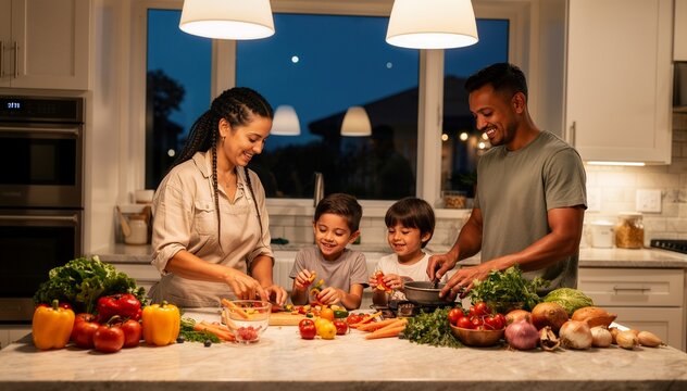 Happy Hispanic family with mother, father, and two young sons preparing a healthy meal together with fresh organic vegetables in a modern kitchen at night under warm, cozy interior lighting.