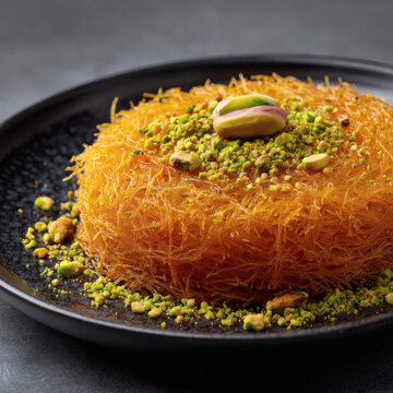 Kunafa dessert featuring crispy golden shredded phyllo dough topped with vibrant crushed pistachios and syrup served on a modern dark plate against a minimalist dark surface