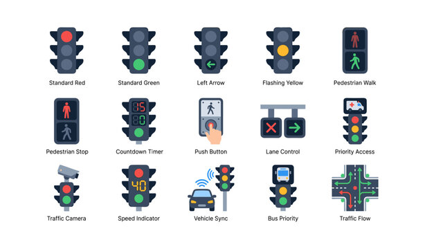 Traffic signal icons showing lights controls and road signs on white
