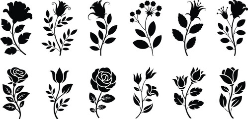 Fototapeta premium Floral silhouettes collection, curves and intricate petal details, including roses, leaves, vector style art.