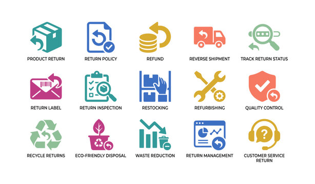Returns and recycling icons arranged in grid on white background