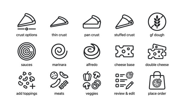 Pizza customization icons showing crust sauce and toppings