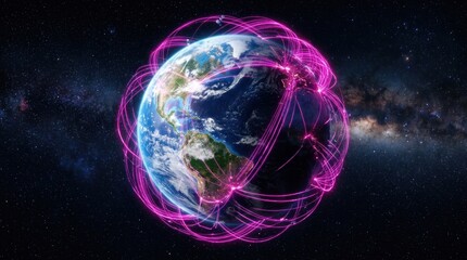 Naklejka premium A vibrant digital illustration depicts Earth encompassed by a network of glowing pink lines, symbolizing global connectivity.