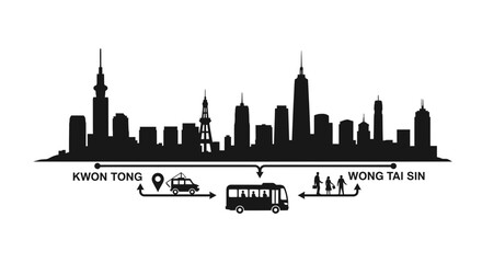 Obraz premium City Skyline Silhouette with Public Transit Route and Bus Icons