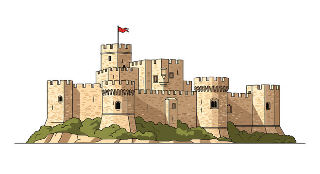 Medieval Stone Castle Fortress with Towers and Red Flag