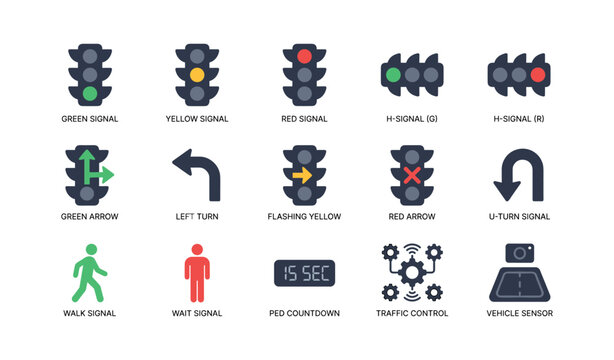 Traffic signal icons showing light states and turn symbols