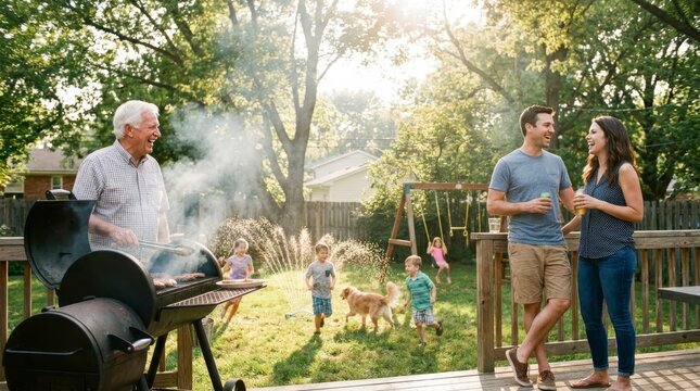 Family enjoying a backyard barbecue with children playing and dog