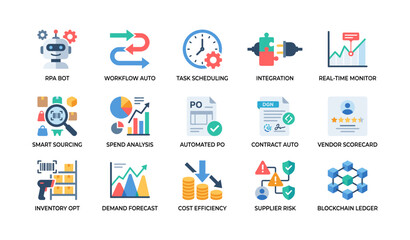 Fototapeta premium Automation and analytics icons showing procurement technology features