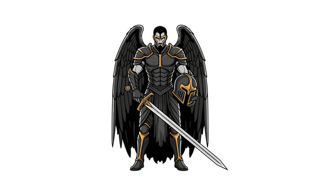 Dark angel knight in full plate armor with massive black wings