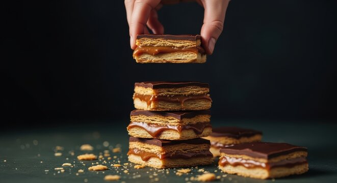 Hand holding a square chocolate caramel biscuit bar over a stack