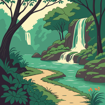 Scenic forest path curves alongside a multi-tiered waterfall and turquoise river amidst dense green foliage with waterfall landscape tropical outdoors environment wilderness rainforest