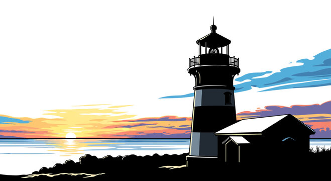 Lighthouse silhouette on a rocky coast at sunset over the ocean