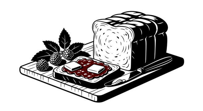 Sliced bread with jam butter and raspberries on wooden cutting board
