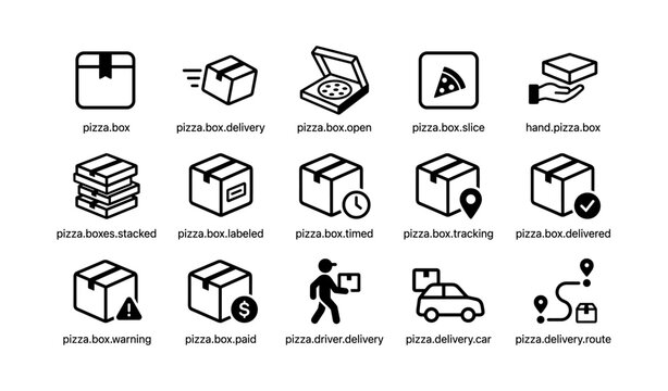 Line icons of pizza boxes and delivery symbols on white grid