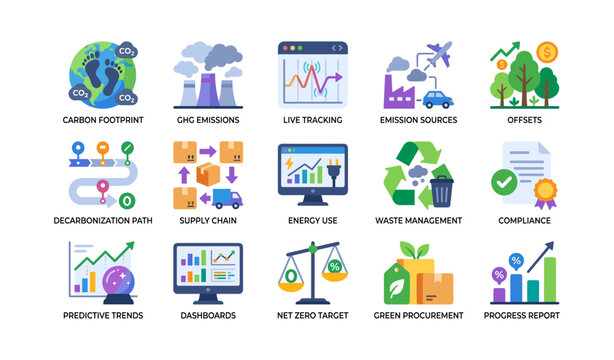 Environmental impact and carbon tracking icons on white background