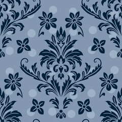 Fototapeta premium Elegant Navy Blue and Slate Victorian Damask Seamless Pattern with Floral Ornaments and Vintage Scroll Elements for Textile Wallpaper and Home Decor Background