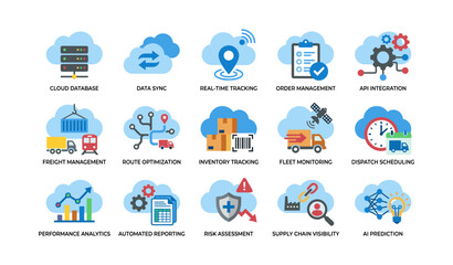 Fototapeta premium Supply chain icons displaying cloud logistics features on white