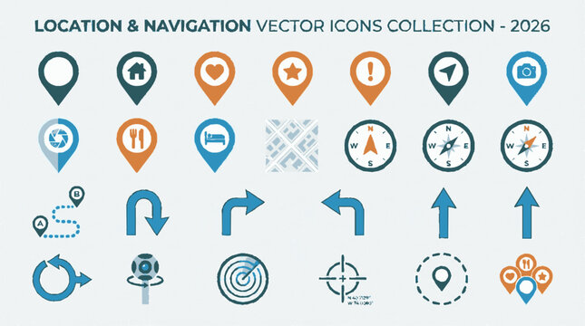 Colorful location and navigation vector icon collection featuring map pins compasses arrows and directional symbols