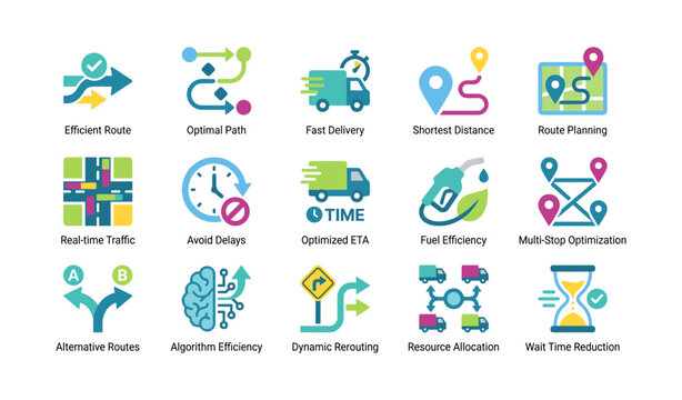 Delivery route icons showing optimization and traffic on white