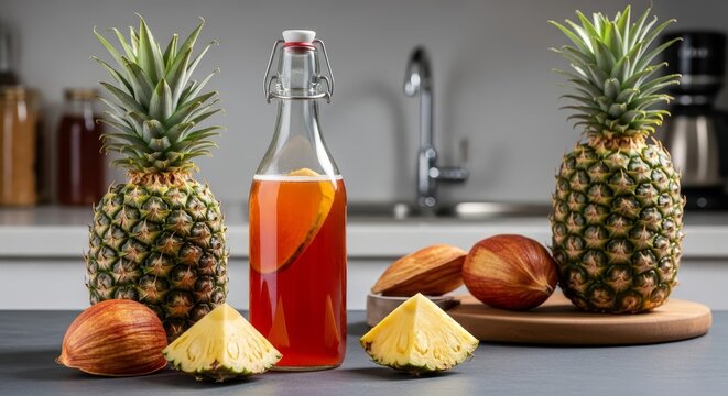 A bottle of fermented pineapple tepache with fresh pineapple pieces and whole fruit, artfully arranged.