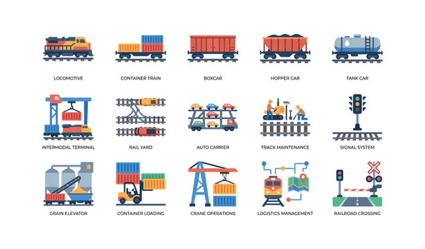 Train icons showing rolling stock and terminal operations on white