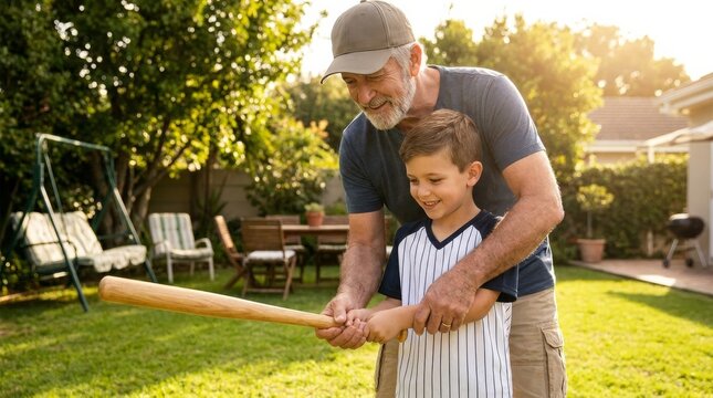 Grandfather and grandson practicing baseball in a sunny backyard