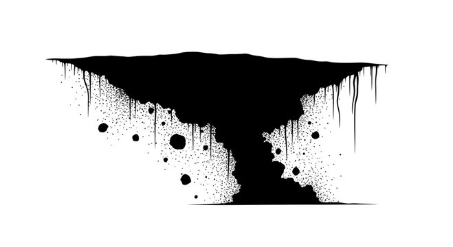 Floating land mass with dripping liquid and falling debris silhouette
