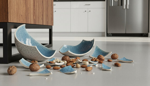 Broken ceramic bowls and scattered nuts on kitchen floor  