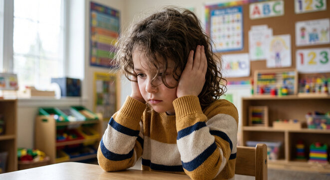 Stressed autistic girl covering ears, Neurodiversity and sensory overload concept
