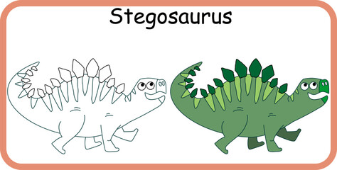 Cute Stegosaurus  coloring worksheet with outline and colored example. Fun dinosaur activity for preschool and kindergarten children to practice coloring and creativity skills. © HappyKids